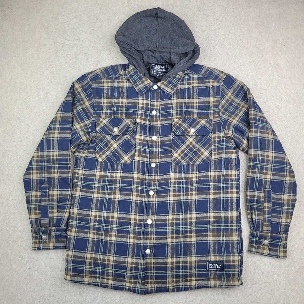 Eddie Bauer Men's Hooded Shacket Jacket Plaid Quilted Lining w/Pockets Size M